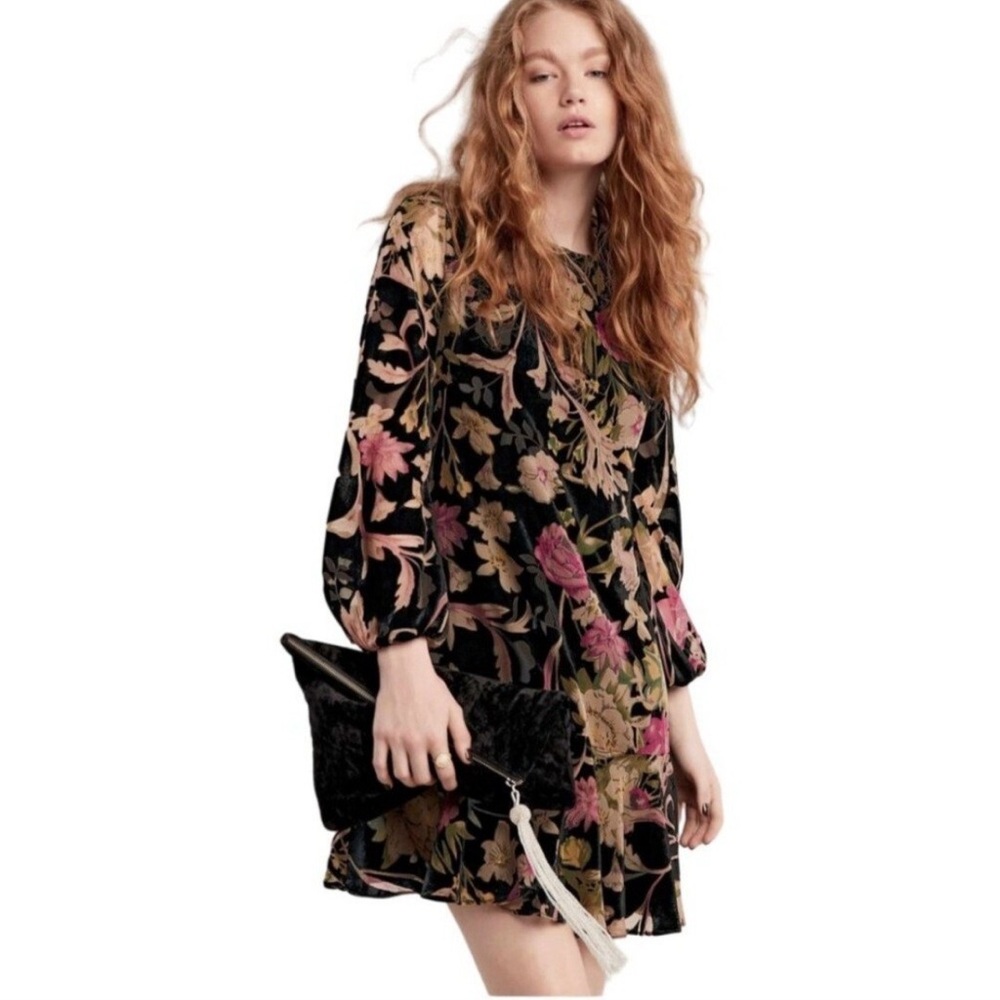 Eliza J Black and Pink Floral Burnout Velvet Long Sleeve Dress